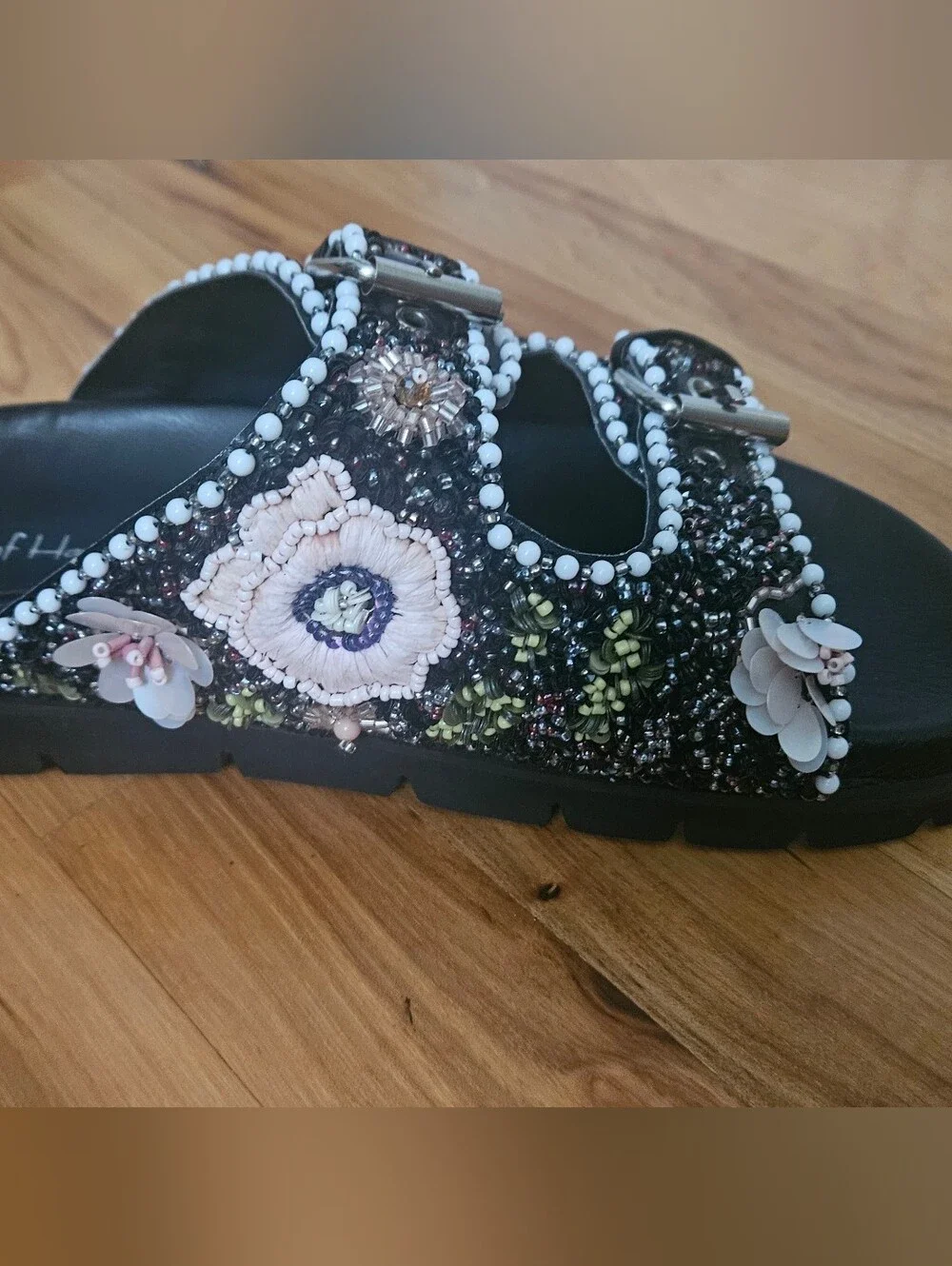 House of Harlow 1960 Black Beaded Floral Buckle Slide Sandals